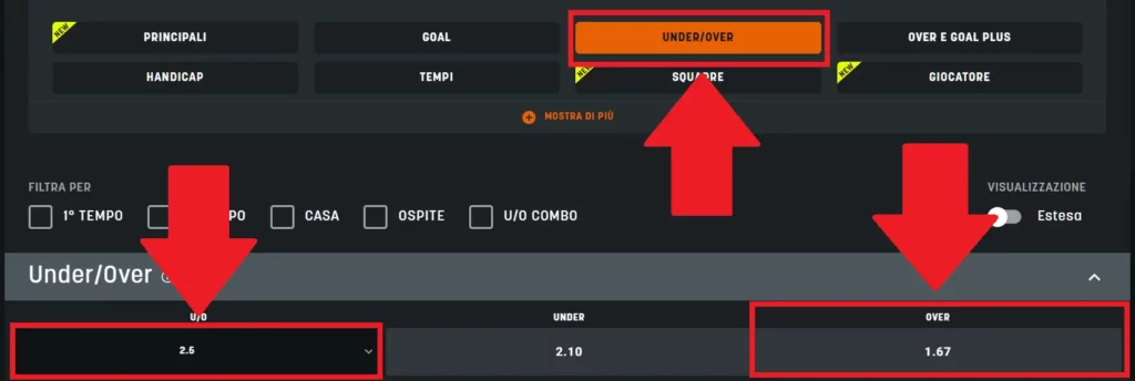 Esempio di scommessa Over su Snai